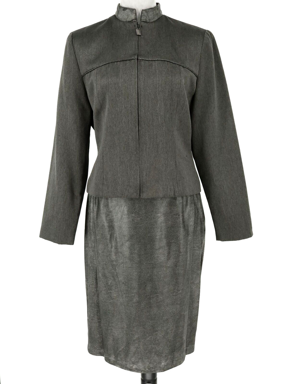 Donna Ricco Skirt Suit Womens 8 Gray Lined Snakeskin Print Full Zip Vintage Flaw